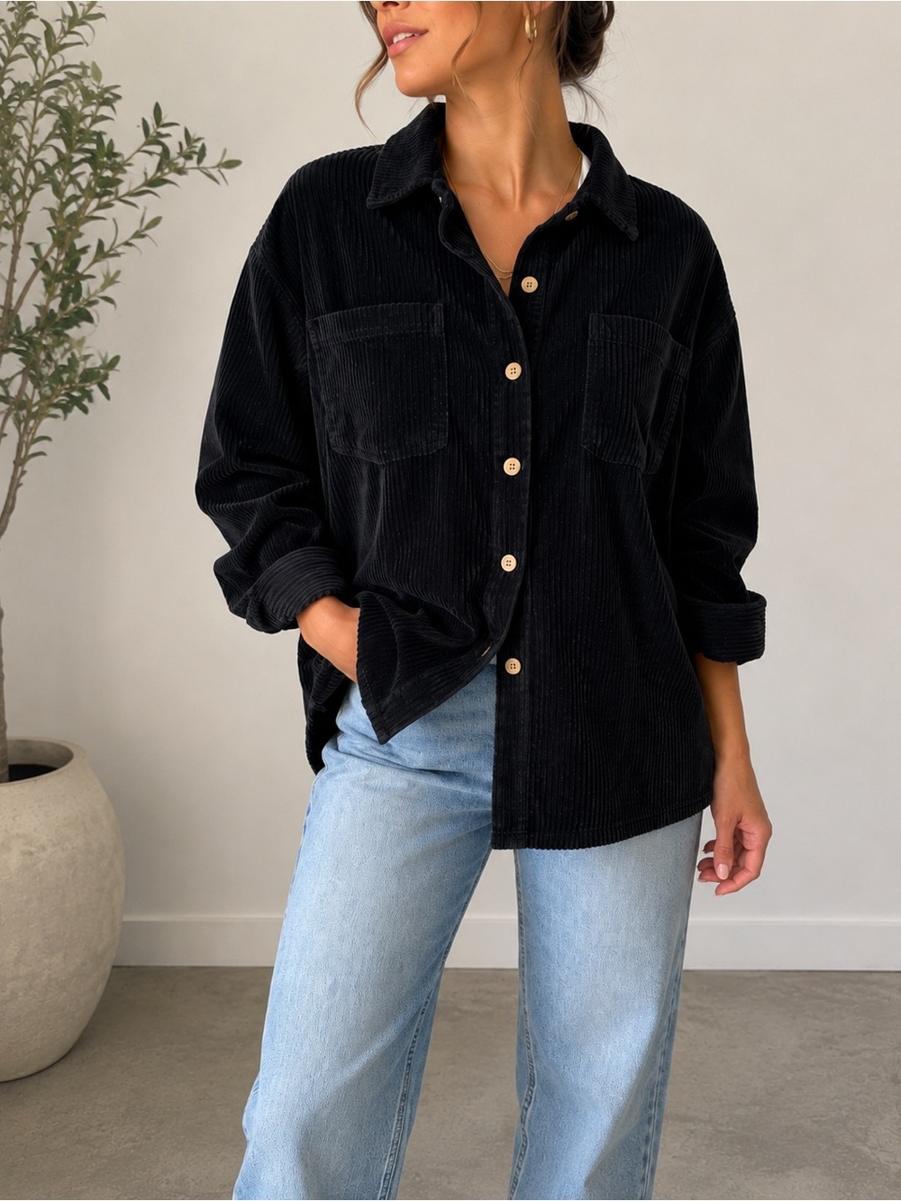 Vintage AMI Black Corduroy Oversized Shacket Jacket 100% Cotton Size M